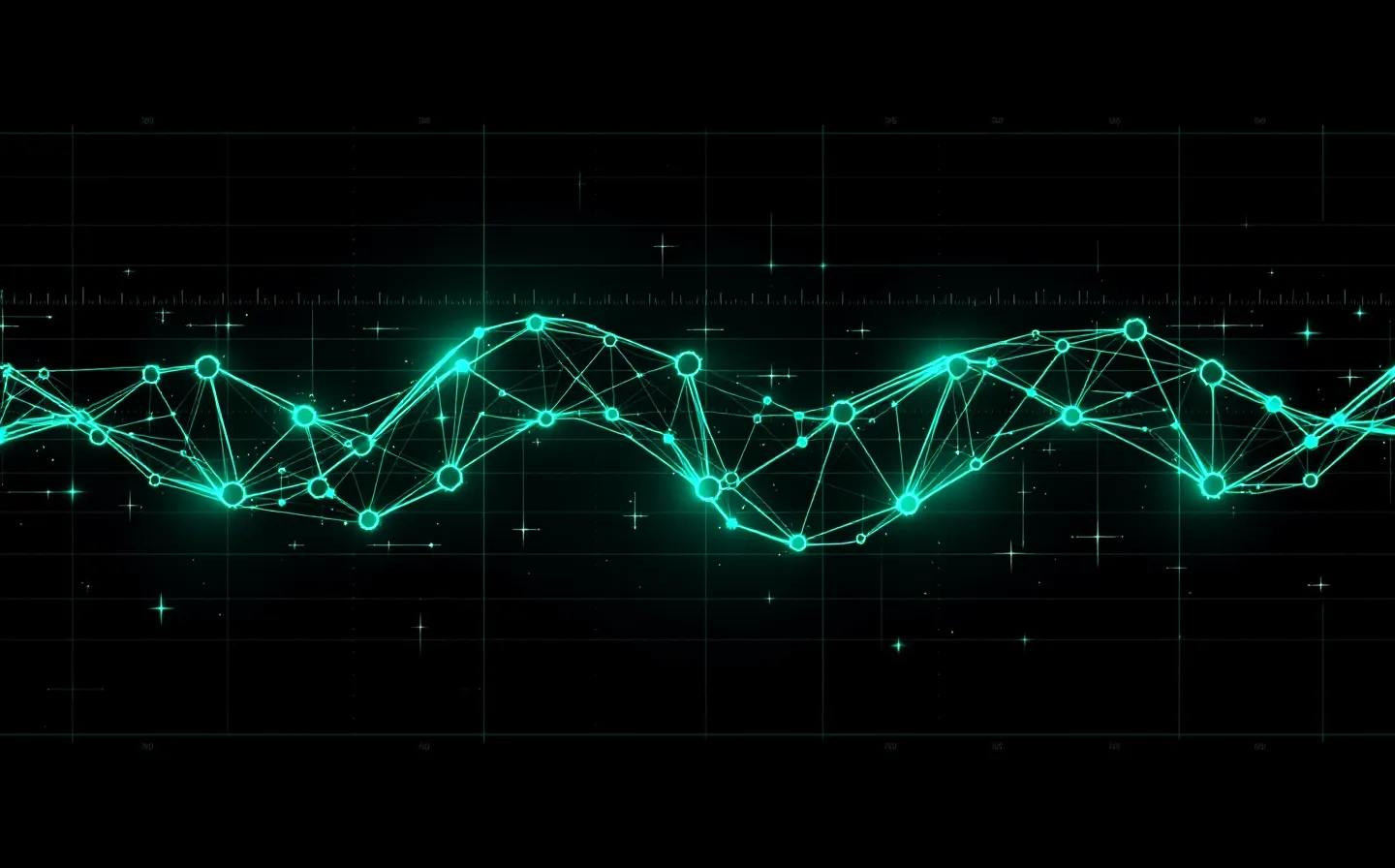 Abstract phosphor-green wireframe of a five-node peptide chain on a dark grid