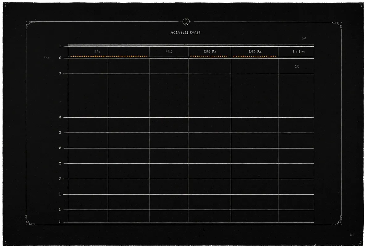 Reverse-printed broadside grid plate suggesting receptor selectivity in cream and fire-orange on dark canvas