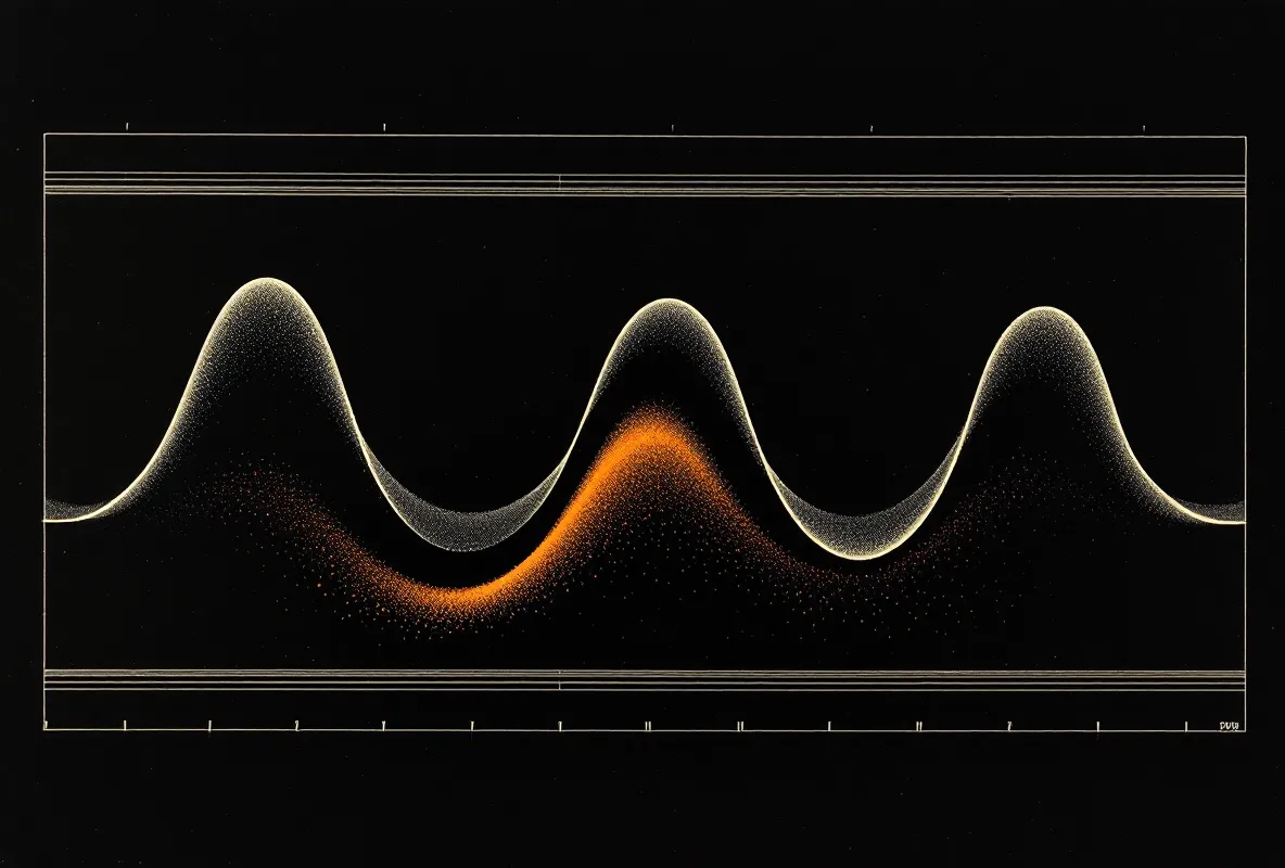 Three pulsatile GH waveforms drawn as cream engraved curves with a fire-orange hatched fill beneath the central peak on dark canvas