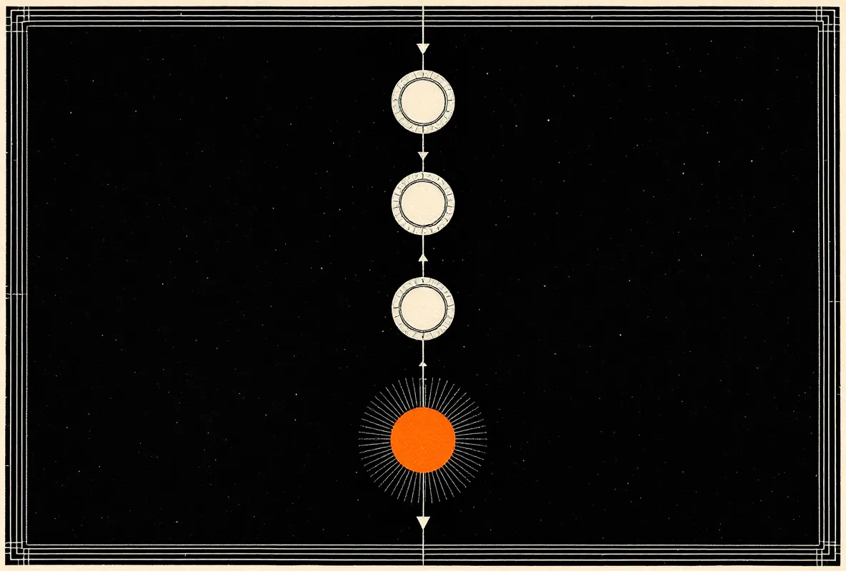 Reverse-printed broadside cascade plate of an abstract four-node signaling sequence with a fire-orange terminal halo on dark canvas