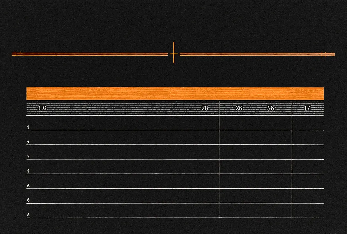 Reverse-printed broadside ledger plate suggesting seven days of dosing and one missed endpoint in cream and fire-orange on dark canvas