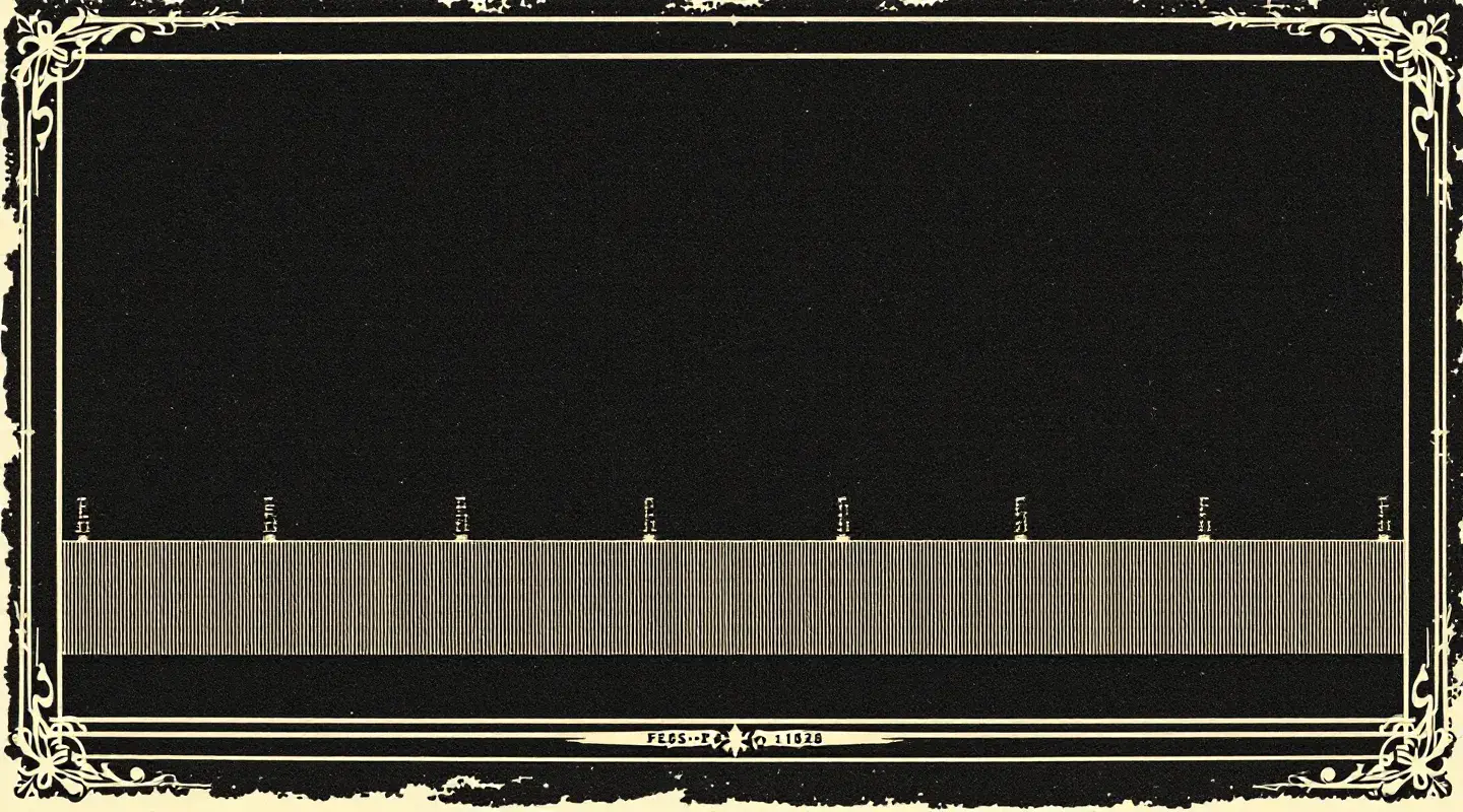Six uneven cream engraved dose marks on a horizontal ledger rule with two fire-orange hatched fills on dark canvas