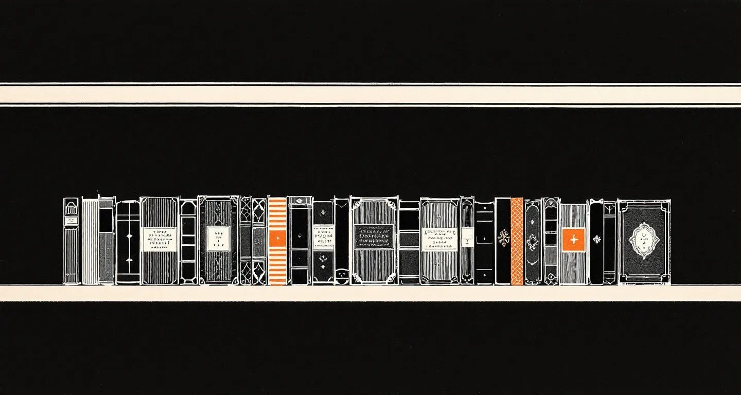 Reverse-printed broadside plate of abstract bound-volume spines with fire-orange accents on a cream ledger band over dark canvas